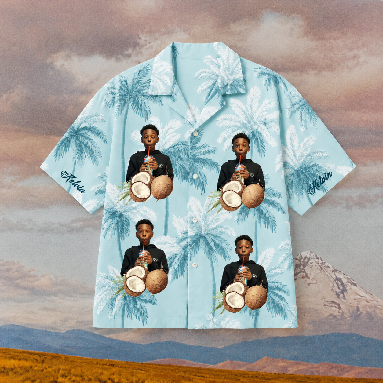 Custom Photo Name Hawaiian Shirt, Personalized Coconut Palm Aloha Shirt, Family Friends Tropical Gift, Custom Portrait Beach Shirt, Vacation Button Up