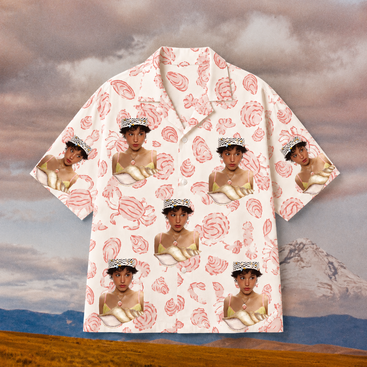 Custom Face Hawaiian Shirt, Personalized Seashell Photo Aloha Shirt, Conch Shell Beach Shirt, Family Friends Coastal Gift, Custom Portrait Button Up