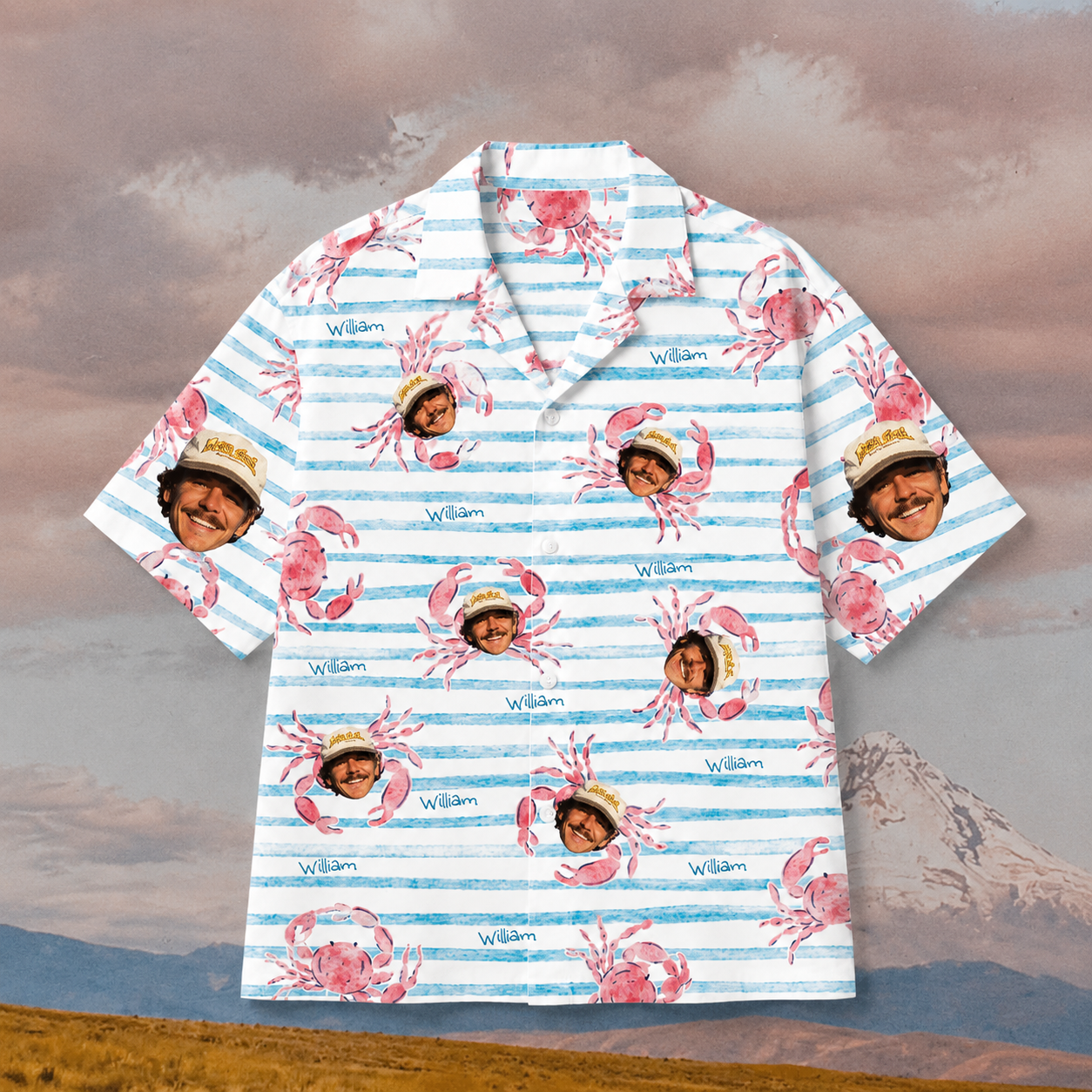 Custom Face And Name Hawaiian Shirt, Personalized Crab Aloha Shirt, Coastal Photo Button Up, Family Friends Beach Gift, Custom Summer Shirt  Design Description: