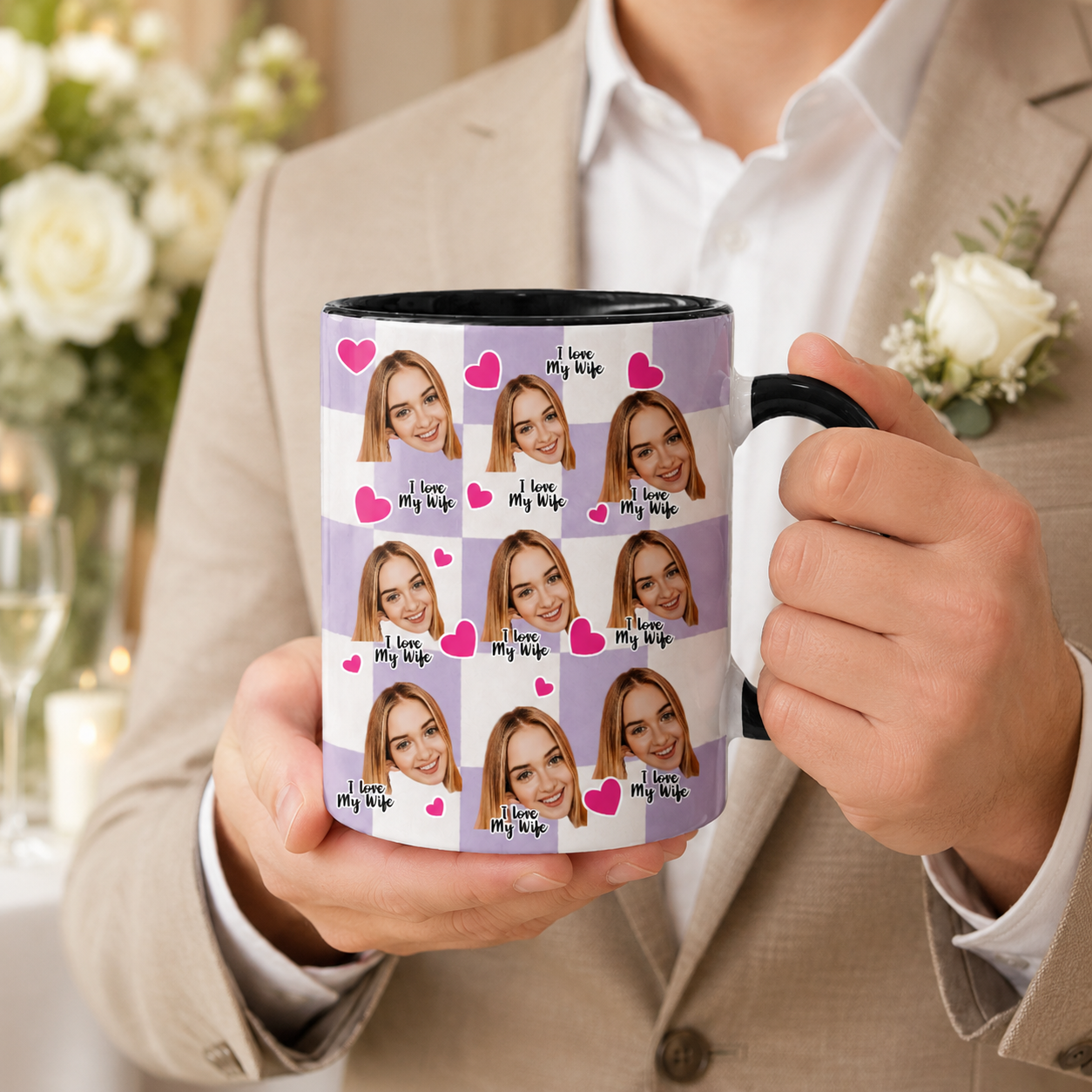 I Love My Wife Custom Heart Checkered Ceramic Mug