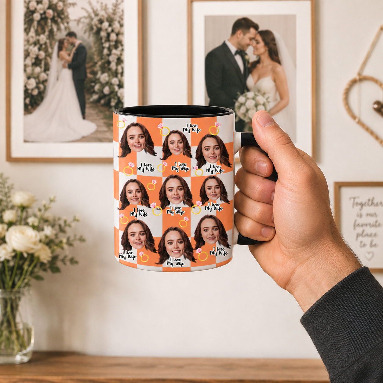 I Love My Wife Custom Face Checkered Wedding Ceramic Mug