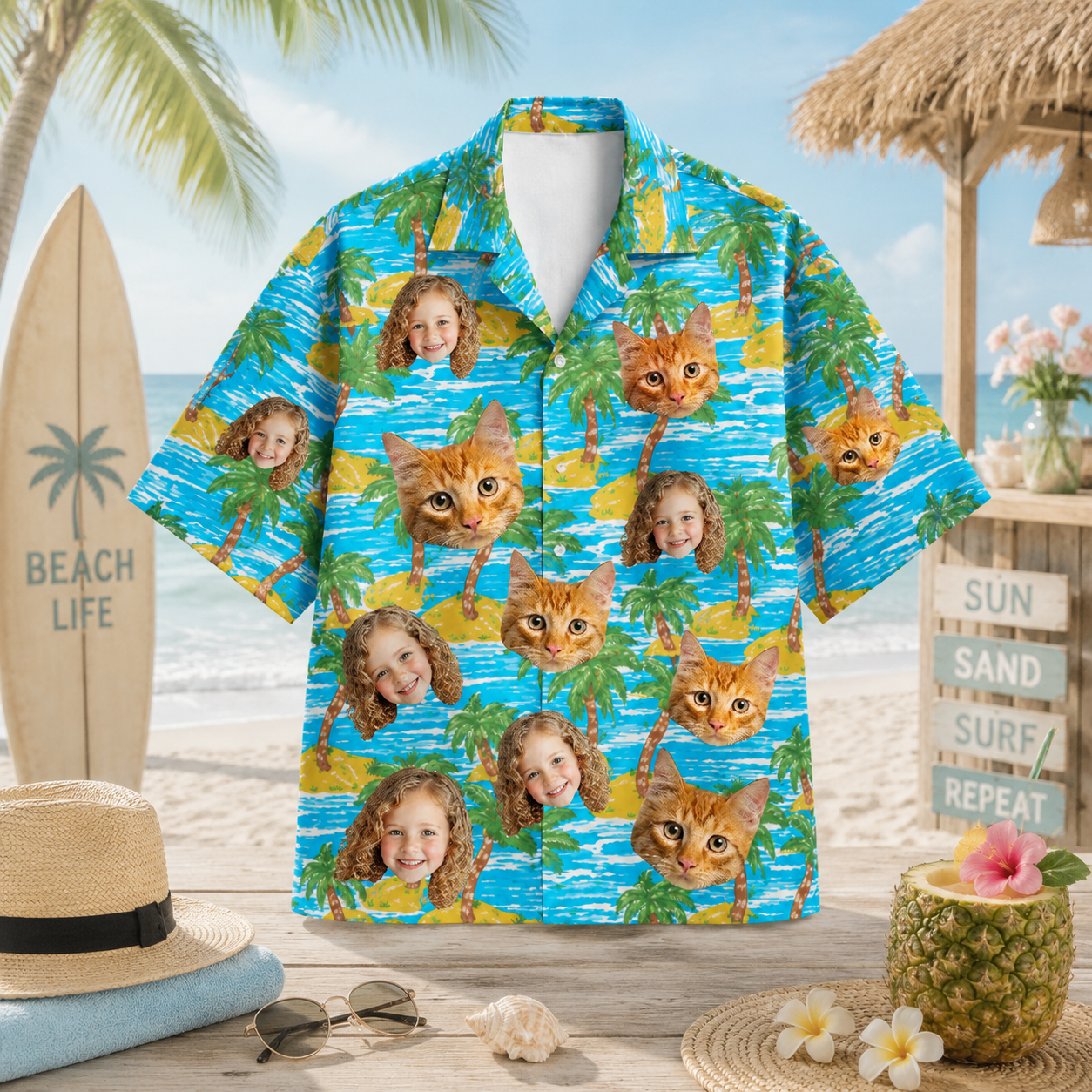 Personalized Custom Photo Hawaiian Shirt Palm Tree Ocean Wave Human Pet Island Gift