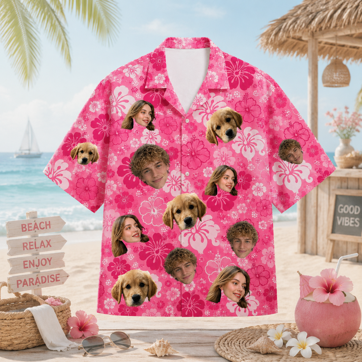 Personalized Custom Photo Hawaiian Shirt Pink Hibiscus Floral Human Pet Summer Gift