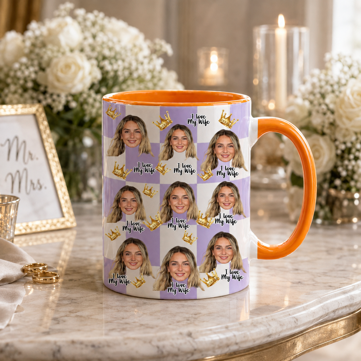 I Love My Wife Mug 11oz 15oz, To My Wife The Queen Of My Heart Custom Crown Checkered Ceramic Mug