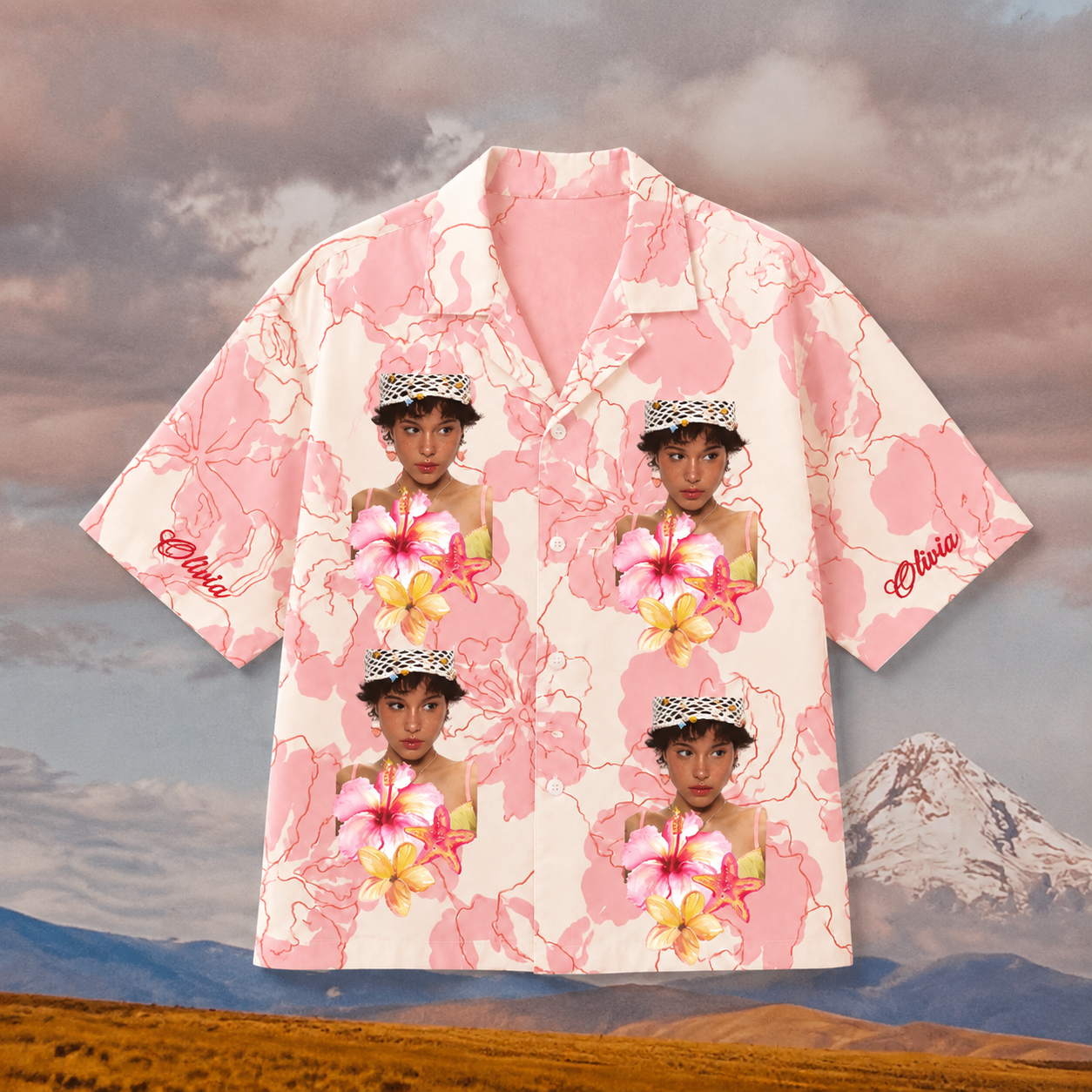 Custom Face Graphic Hawaiian Shirt, Personalized Portrait Resort Shirt, Pink Floral Statement Aloha Shirt, Family Friends Matching Vacation Style