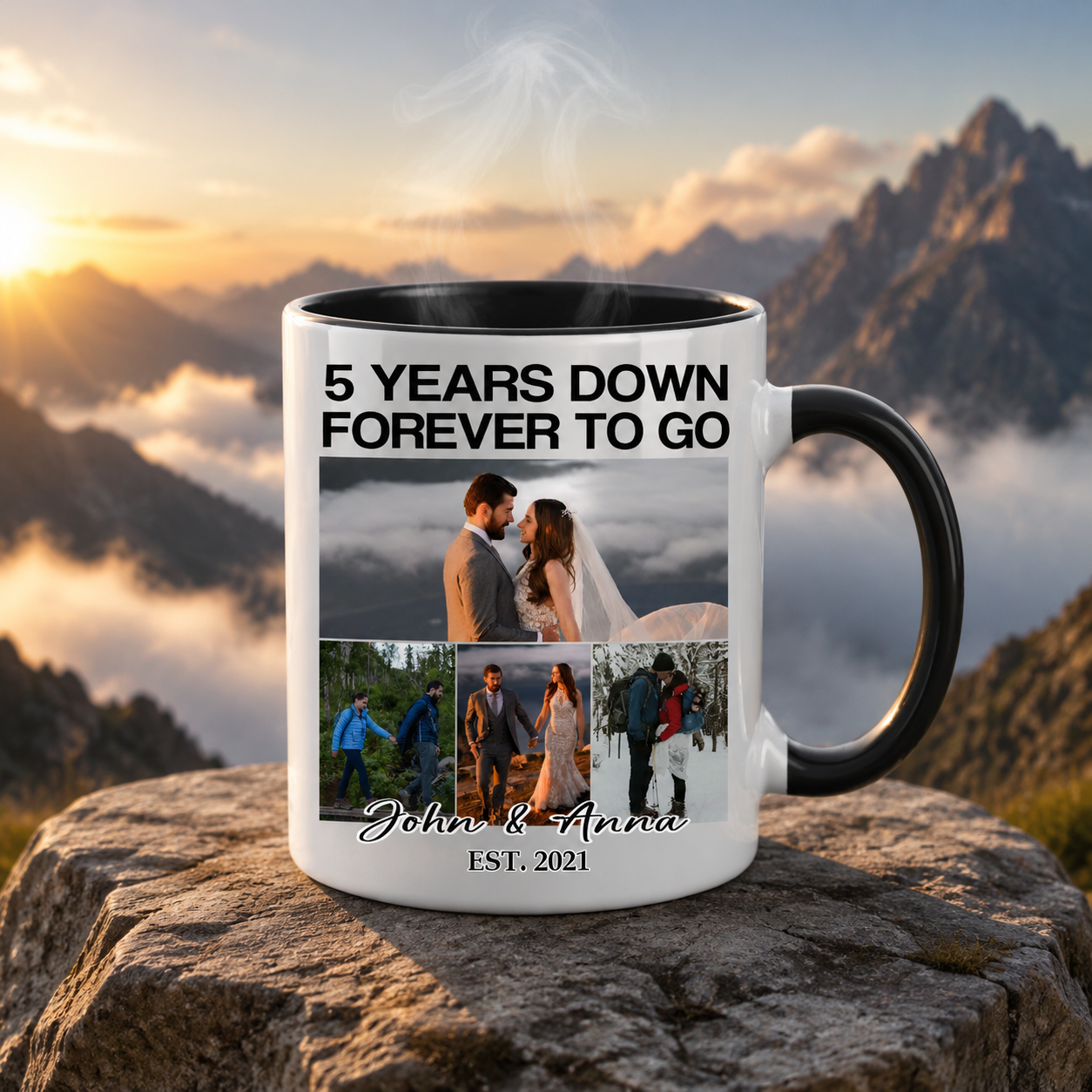 Custom Face Wedding Mug, 5th Wedding Anniversary Gifts, Personalized Couple Anniversary Mug, Gift For Him, Her, 5 Years Down Forever To Go, Love Milestone