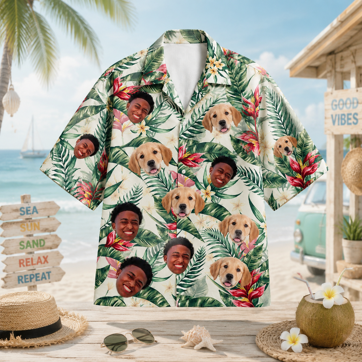 Personalized Custom Photo Hawaiian Shirt Tropical Leaf Dog Human Portrait Vacation Gift