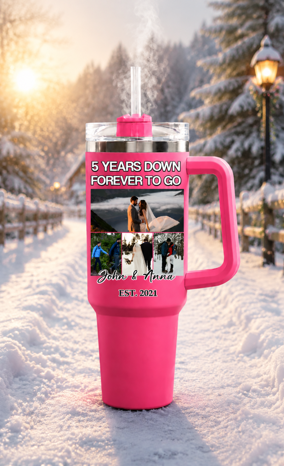 Custom Face Wedding Tumbler 40oz, 5 Years Down Forever To Go, Love Milestone, Anniversary Gift
