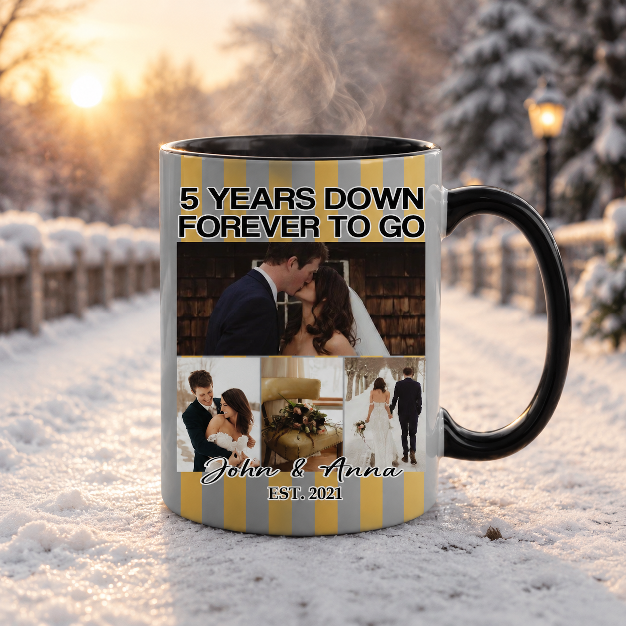 Custom Face Striped Wedding Mug, 5 Years Down Forever To Go, Love Milestone, Anniversary Gift