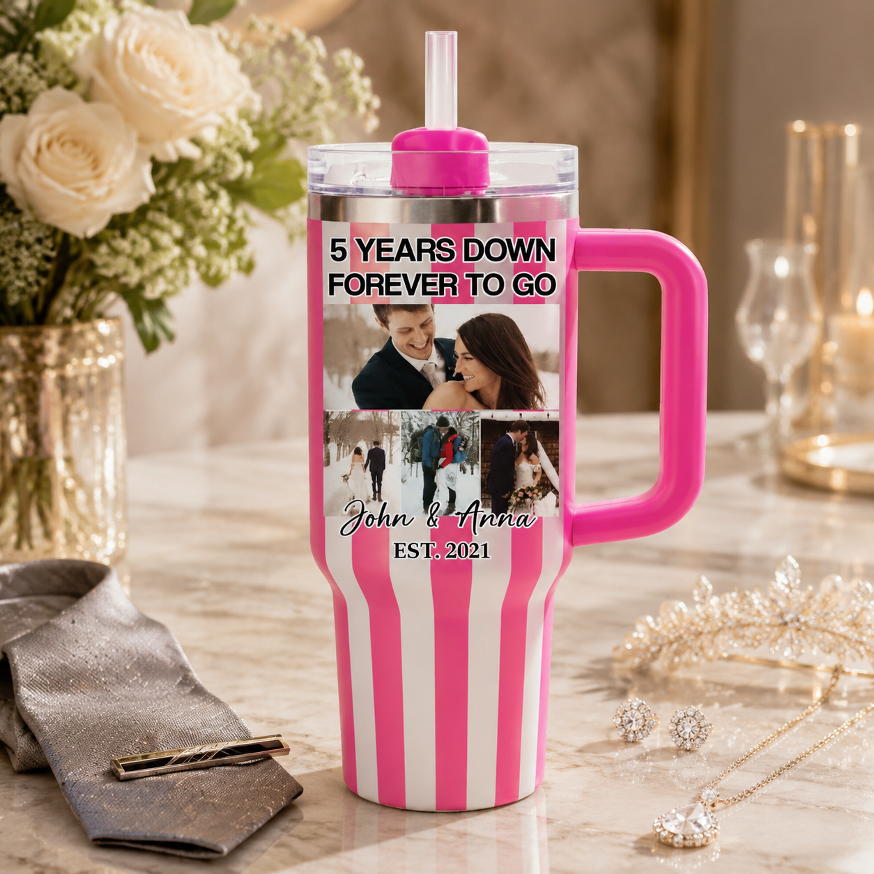 Custom Face Striped Wedding Tumbler 40oz, 5 Years Down Forever To Go, Love Milestone, Anniversary Gift