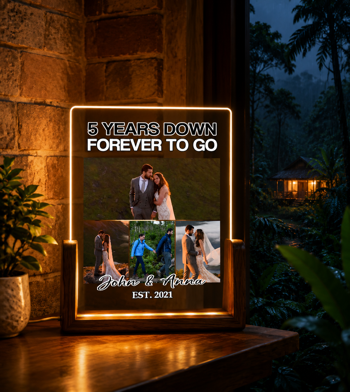 Custom Face Wedding Acrylic Night Light, 5 Years Down Forever To Go, Love Milestone, Anniversary Gift