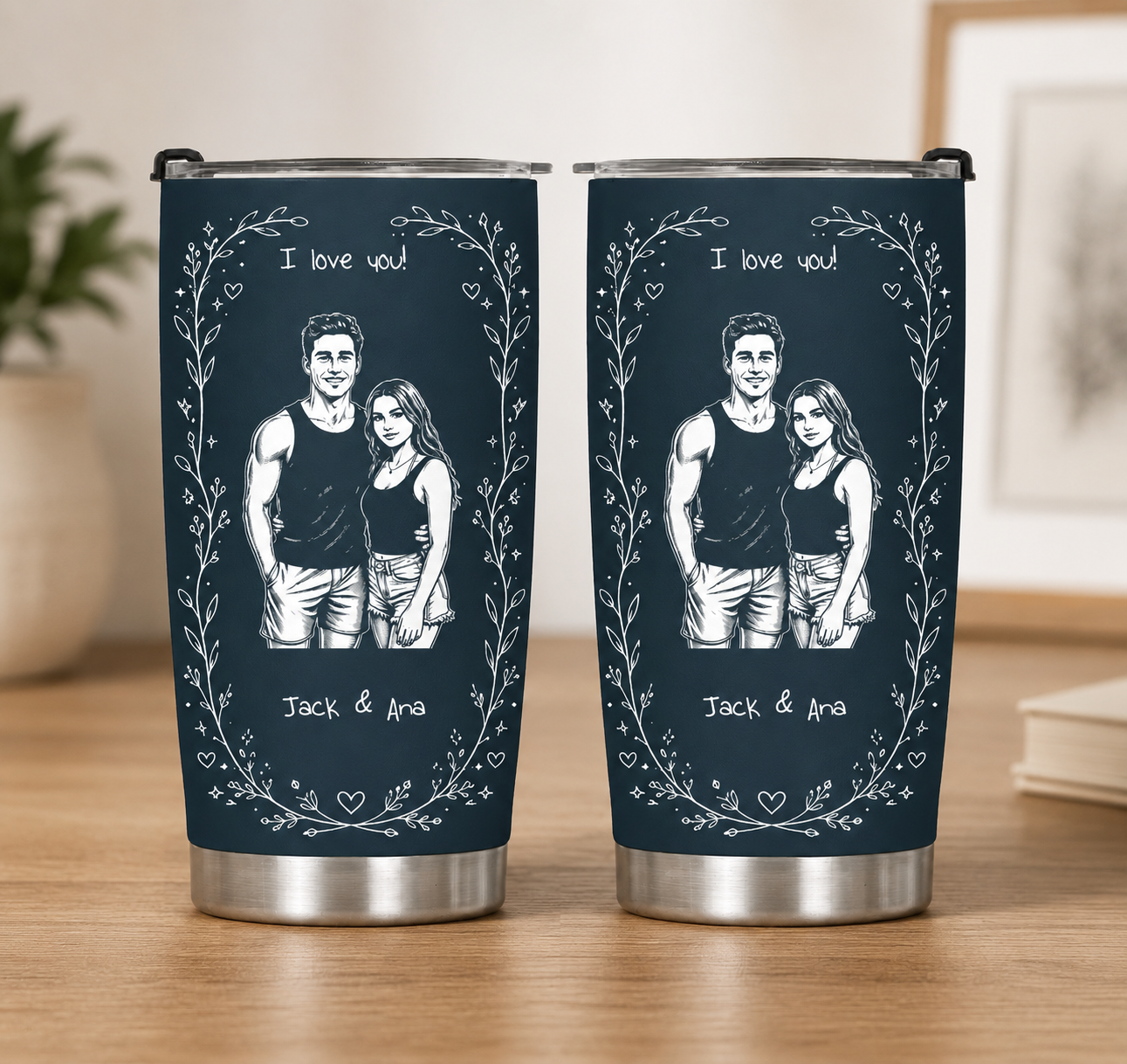 Custom Couple Photo Sketch Line Art Anniversary Gift For Him, Her - Personalized Tumbler Cup