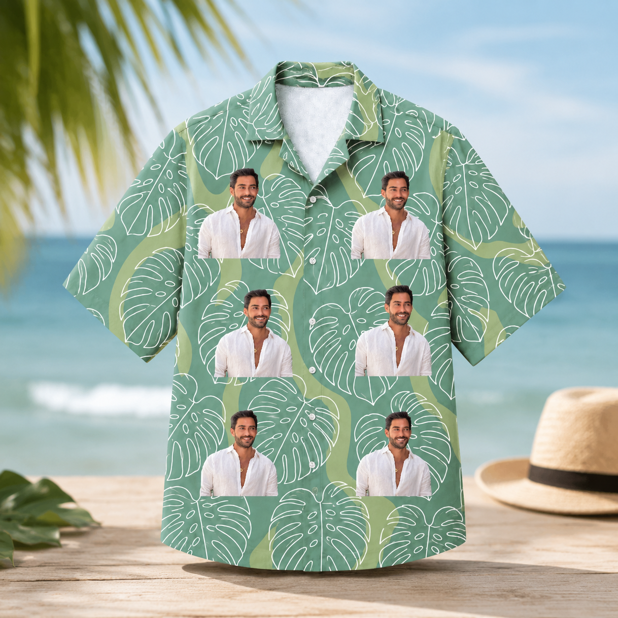 Monstera Pattern Personalized Hawaiian Shirt - Custom Portrait Beach Hawaiian Shirt