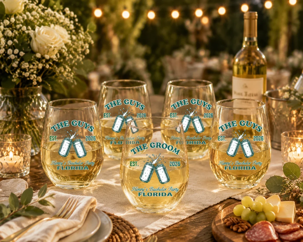The Groom & The Guys Eggshell Wine Glass, Bachelor Party  Eggshell Wine Glasses, Groom Squad Drink Sleeve, Custom Bachelor Party Favor