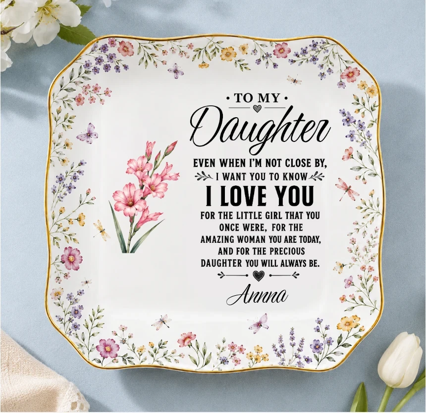 To My Daughter Birth Month Flower, Personalized Lace Square Jewelry Dish