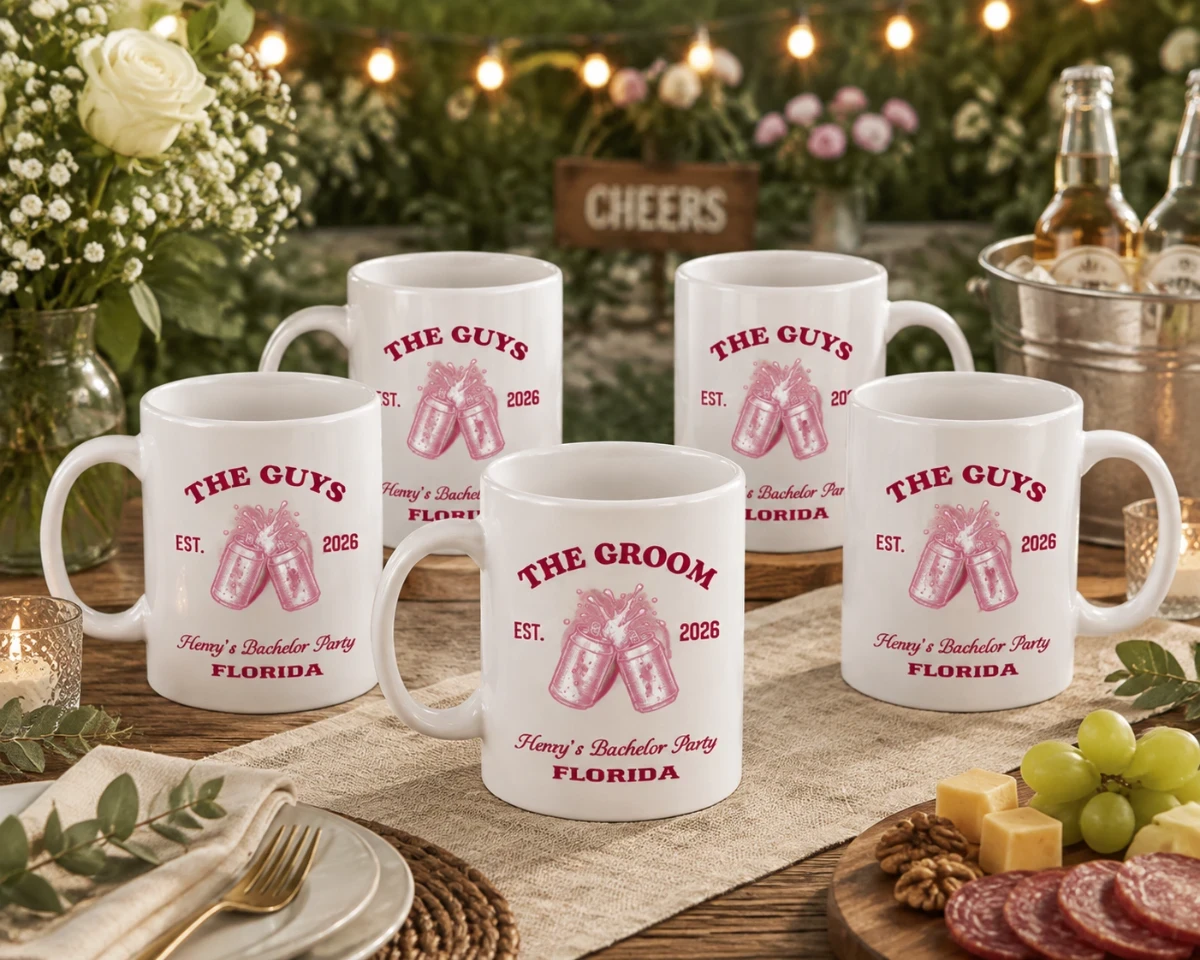 The Groom & The Guys Set Of 2 Mugs 11oz 15oz, Bachelor Party Set Of 2 Mugs 11oz 15oz, Groom Squad Drink Sleeve, Custom Bachelor Party Favor