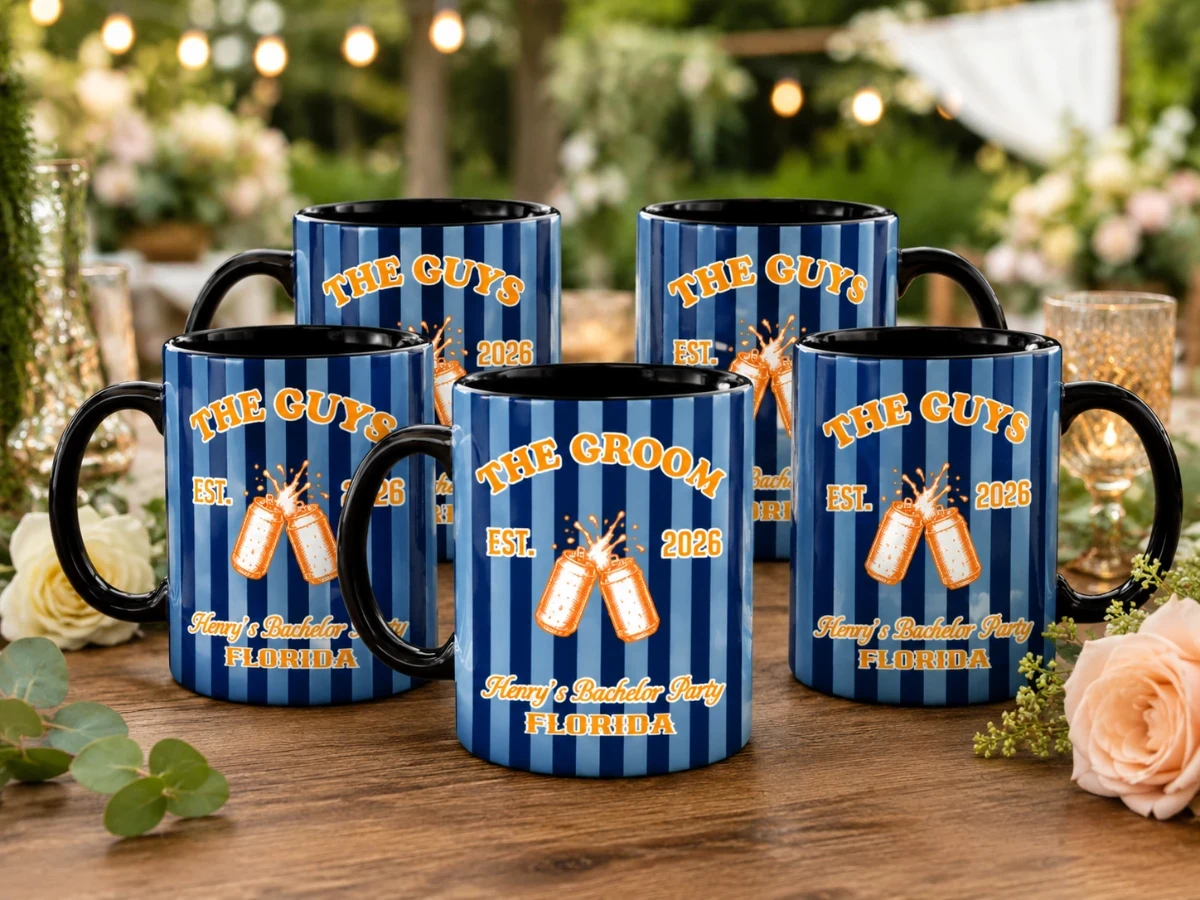 The Groom & The Guys Set Of 2 Striped Mugs 11oz 15oz, Bachelor Party Set Of 2 Mugs 11oz 15oz, Groom Squad Drink Sleeve, Custom Bachelor Party Favor