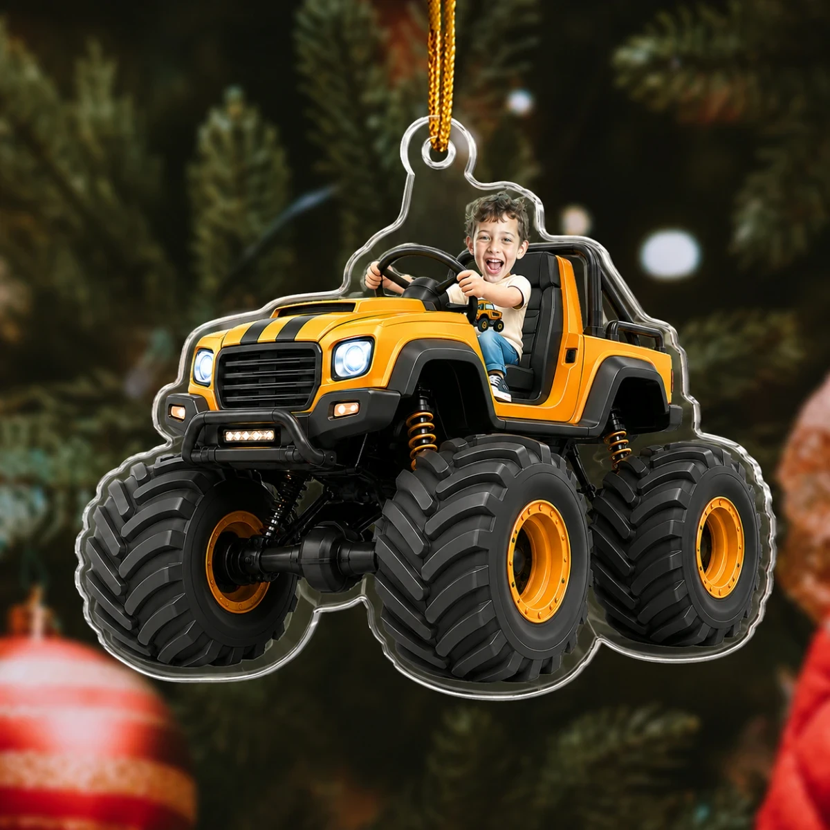 Custom Face Kid Riding Monster Truck - Gifts For Toddler, Kids - Personalized Acrylic Photo Ornament