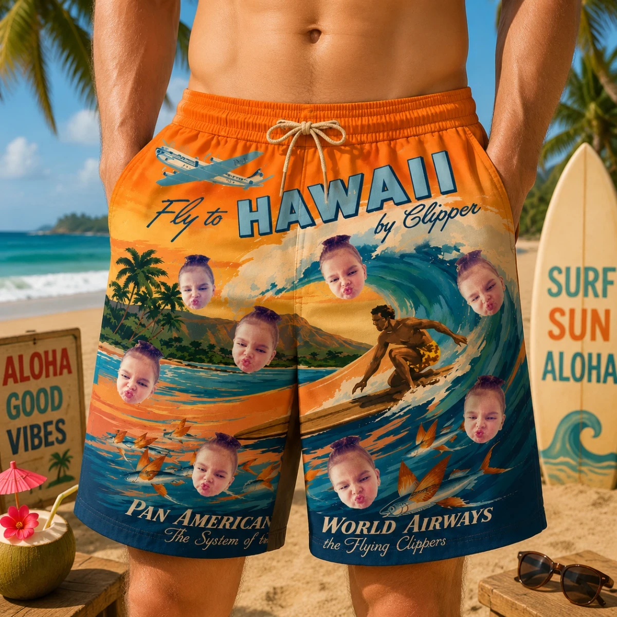 Personalized "Fly To Hawaii By Clipper" Swim Shorts