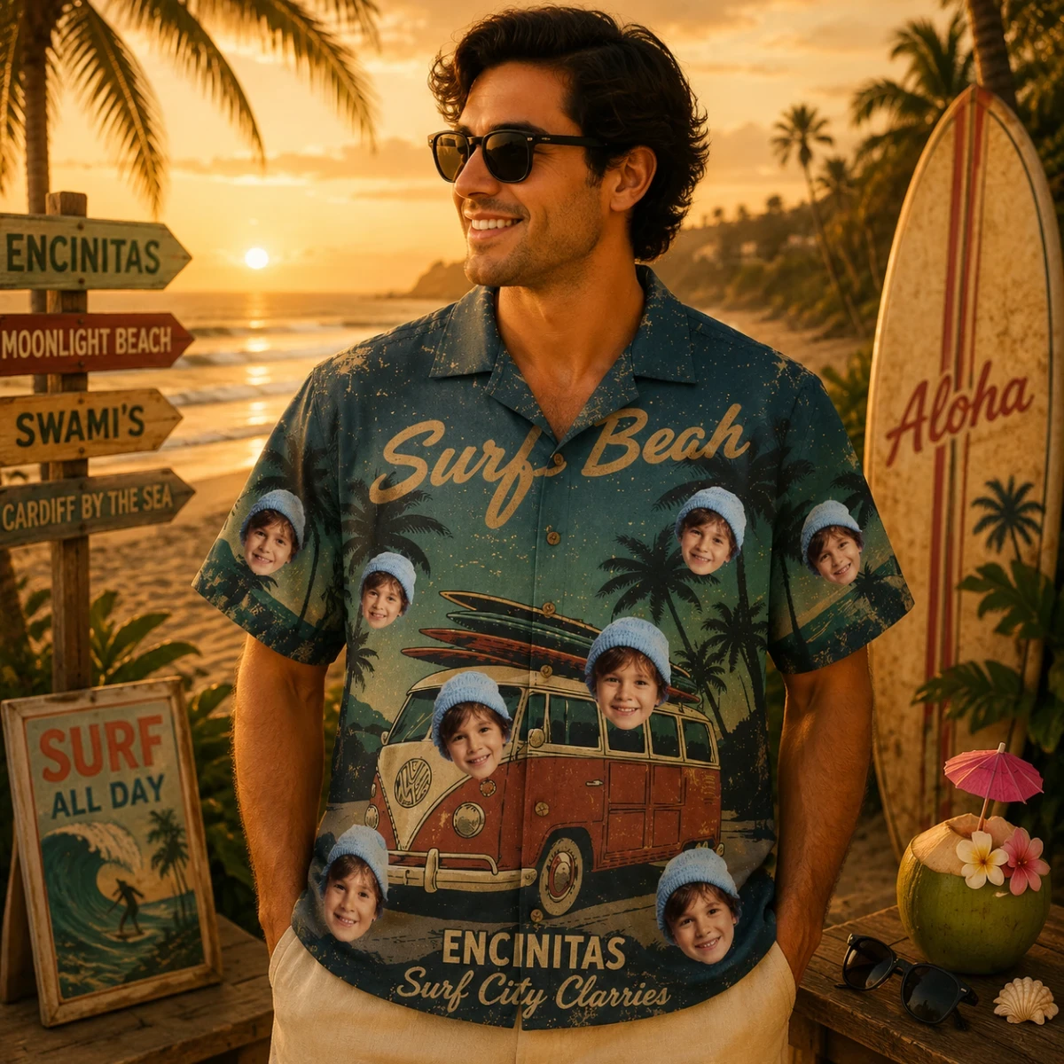 Personalized "Encinitas Surf City" Aloha Shirt