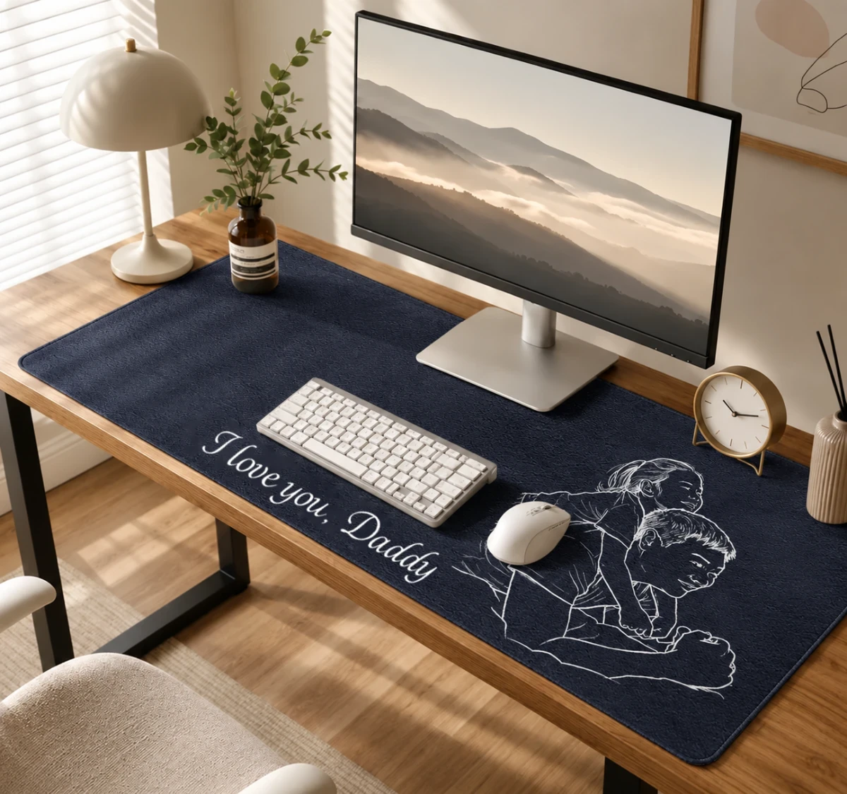 Custom Photo Pencil Sketch Family Portrait Best Grandpa Dad Ever - Personalized Leather Desk Mat