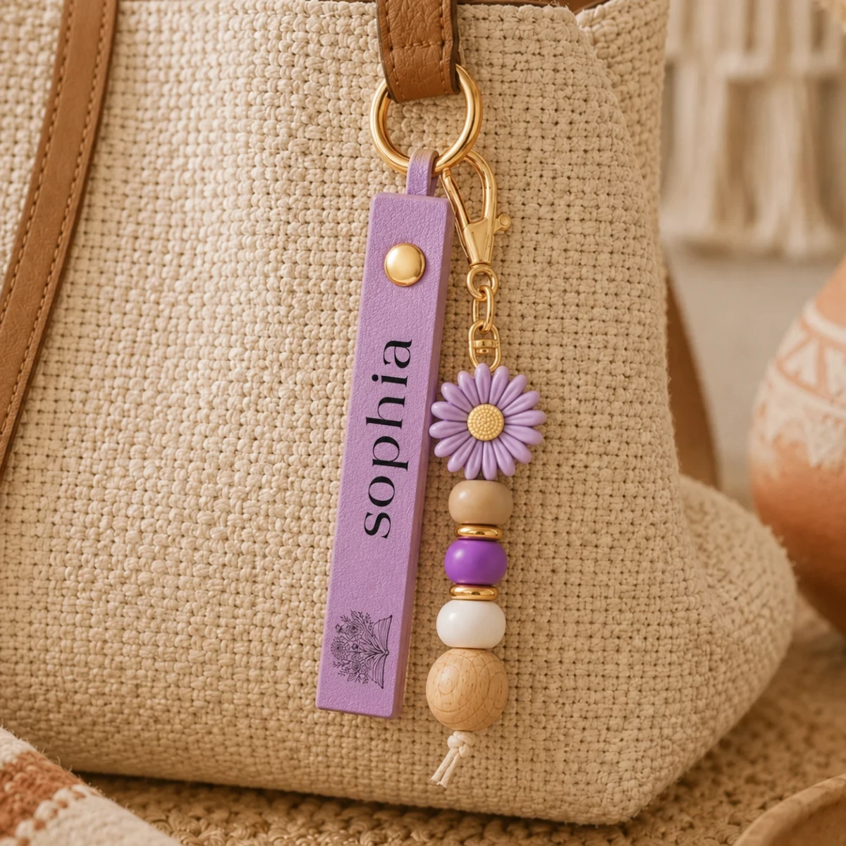 Books Birth Month Flower - Personalized Leather Beaded Keychain