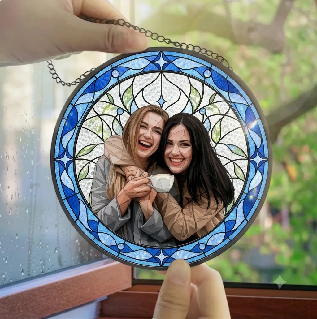 Custom Photo Portrait Couple Family - Personalized Stained Glass Window Hanging Suncatcher
