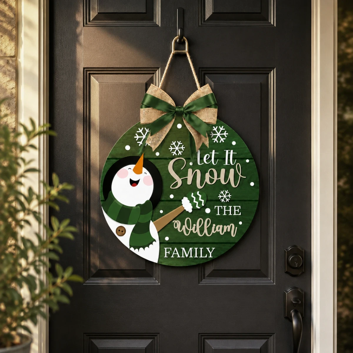 Let It Snow Family Door Sign – Personalized Last Name Christmas Door Hanger, Rustic Snowman Holiday Decor Gift