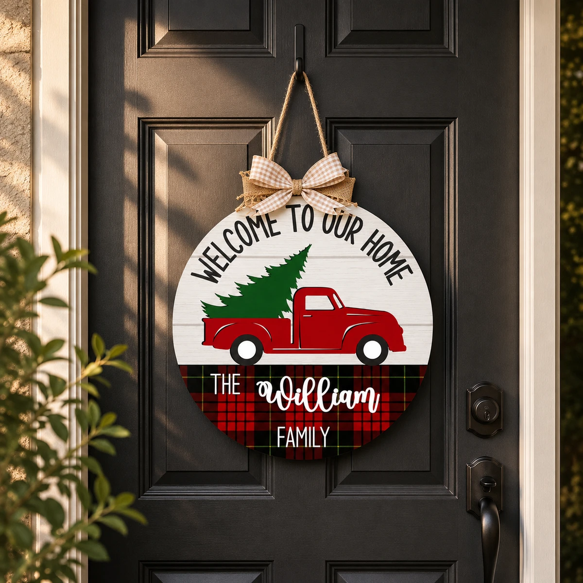 Custom Family Christmas Door Sign, Personalized Red Truck Door Hanger, Last Name Holiday Front Door Decor, Rustic Farmhouse Christmas Gift