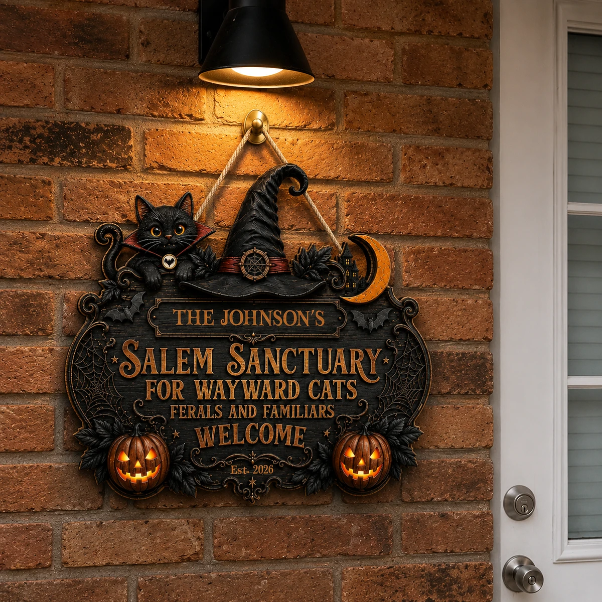 Custom Halloween Door Sign, Personalized Family Name Cat Door Hanger, Witch Hat Haunted House Decor, Gothic Halloween Front Porch Gift