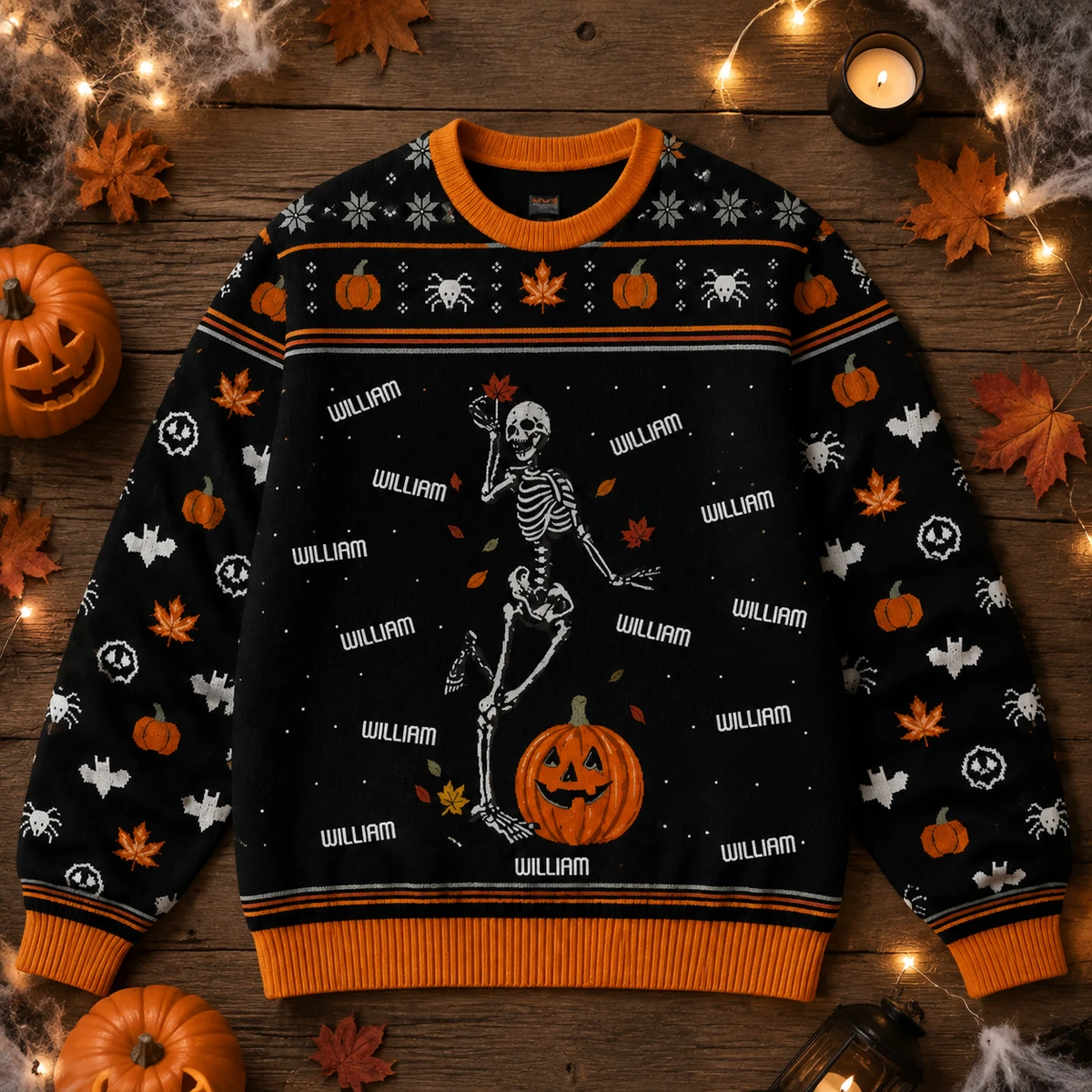Skeleton Pumpkin Halloween Sweatshirt - Personalized Custom Name Halloween Ugly Sweatshirt