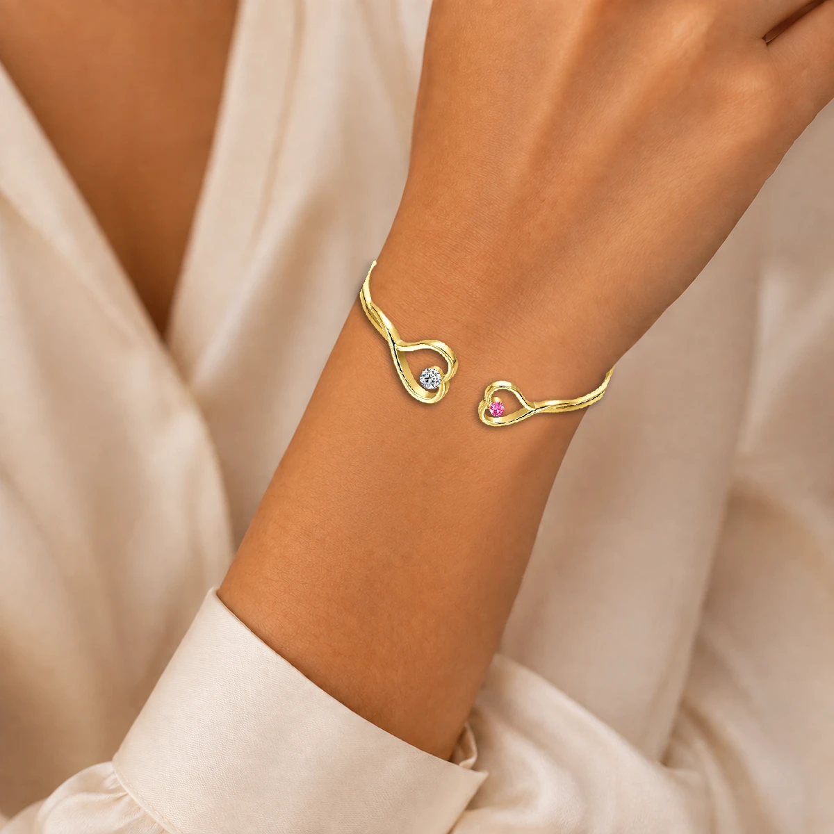Sisters Will Always Be Connected By Heart - Personalized Gem Heart Cuff Bracelet
