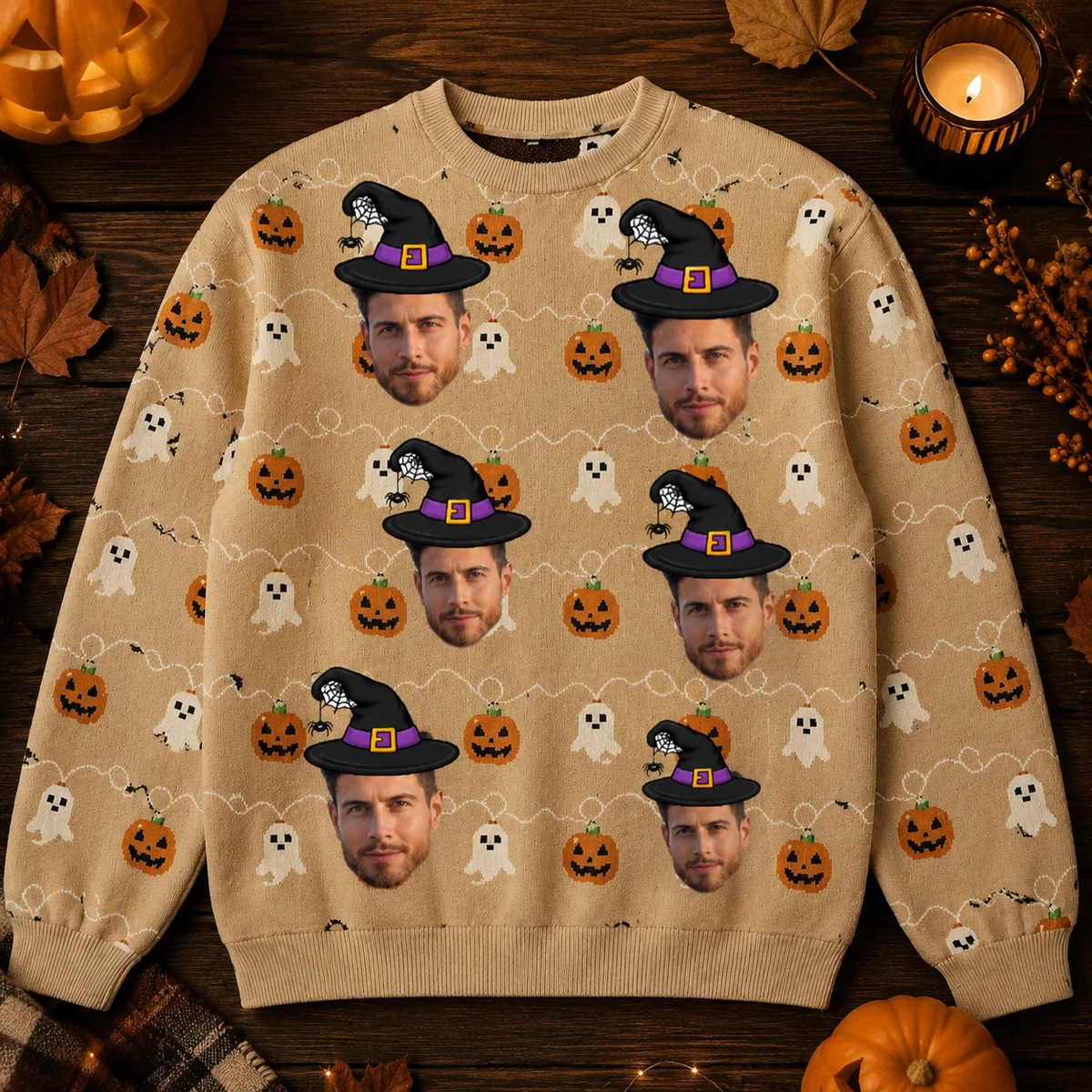 Sweatshirt Witch Hat Face Halloween Sweater - Custom Photo Face Halloween