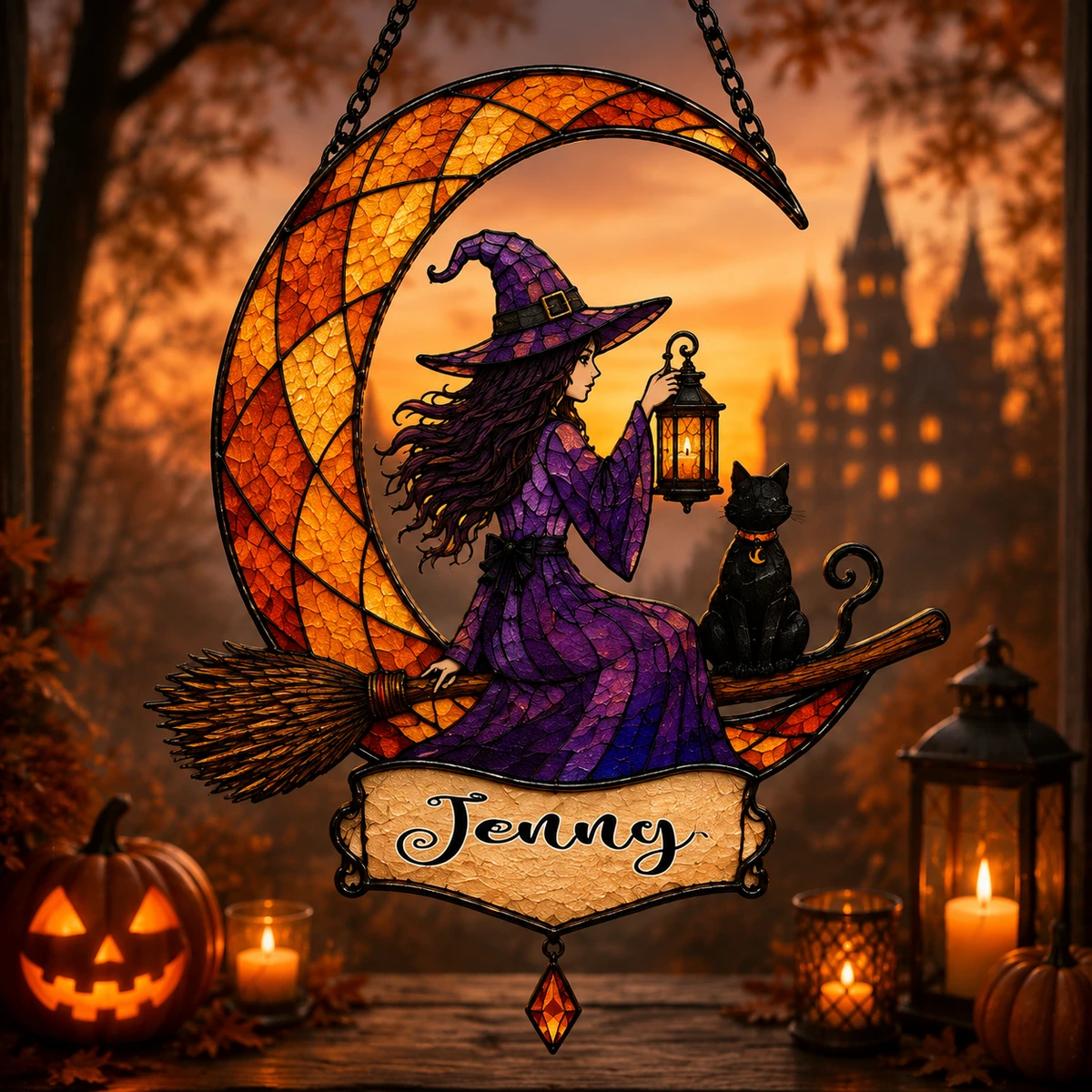 Custom Name Witch & Cat Halloween Stained Glass Suncatcher