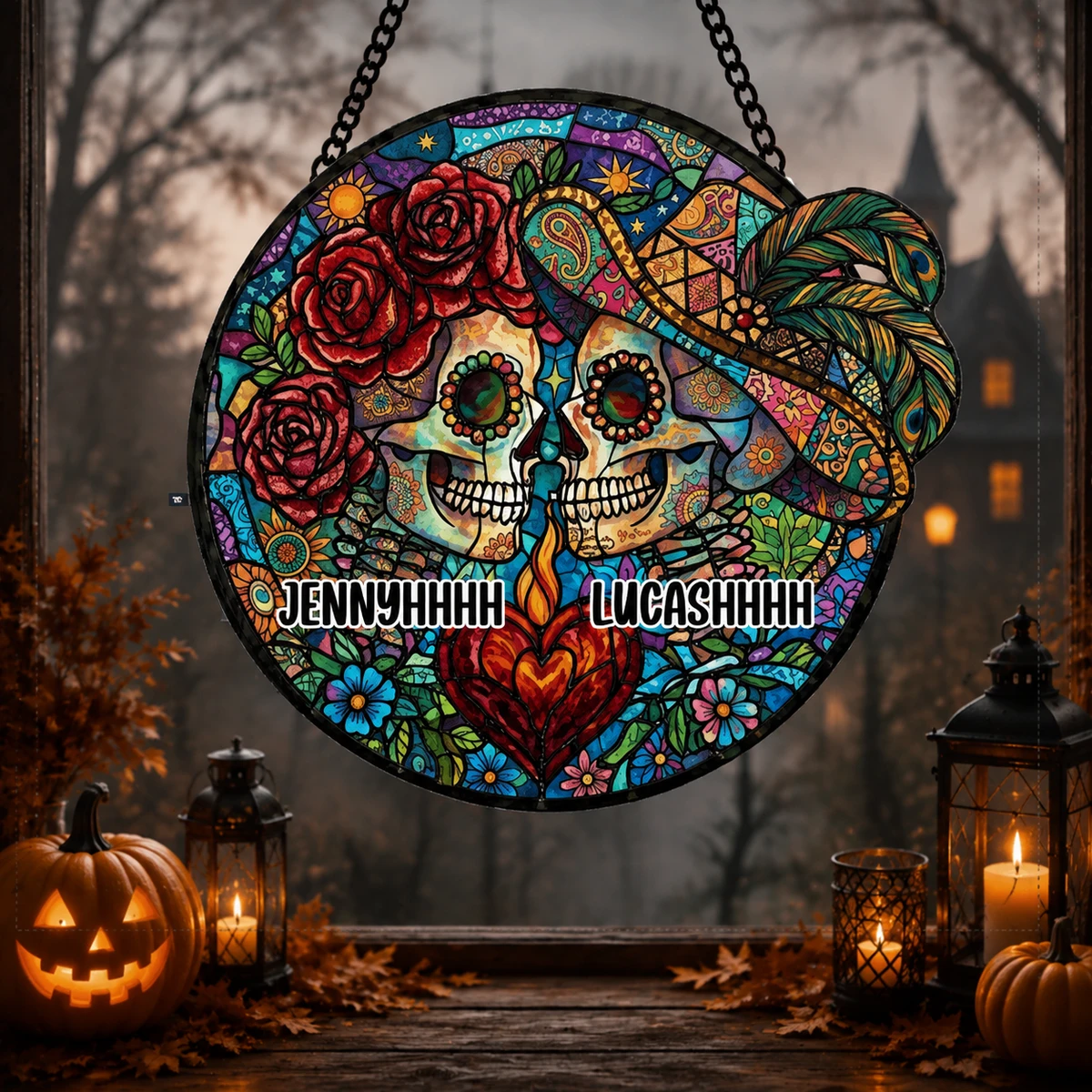 Custom Skeleton Couple Faux Stained Glass Suncatcher