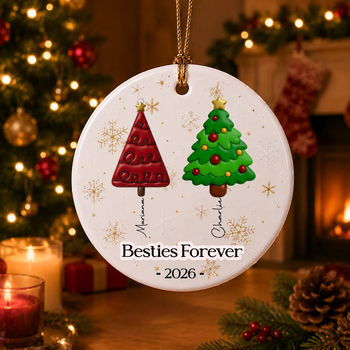 Personalized Ceramic Christmas Ornament Besties Forever Tree Design Snowflake Holiday Keepsake Gift