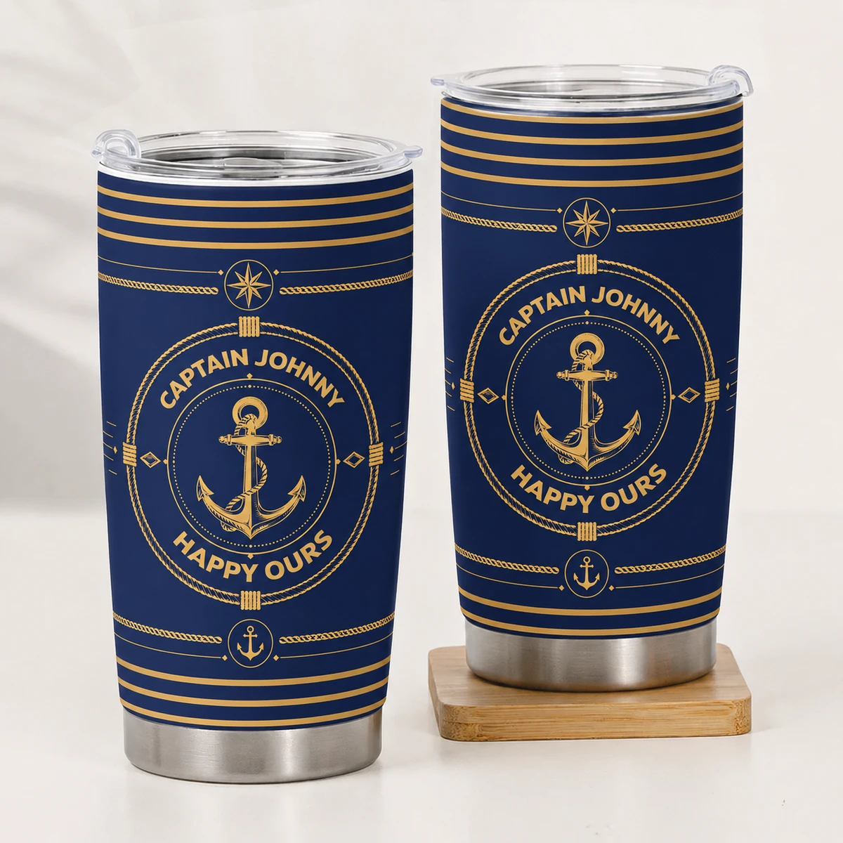 Insulated Travel Tumbler With Custom Captain Name, Navy Stripes Anchor Wheel, Thoughtful Gift For Boat Lovers