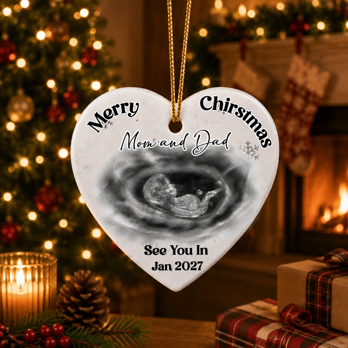 Personalized Ceramic Christmas Ornament Heart Shape Baby Ultrasound Photo Keepsake Gift