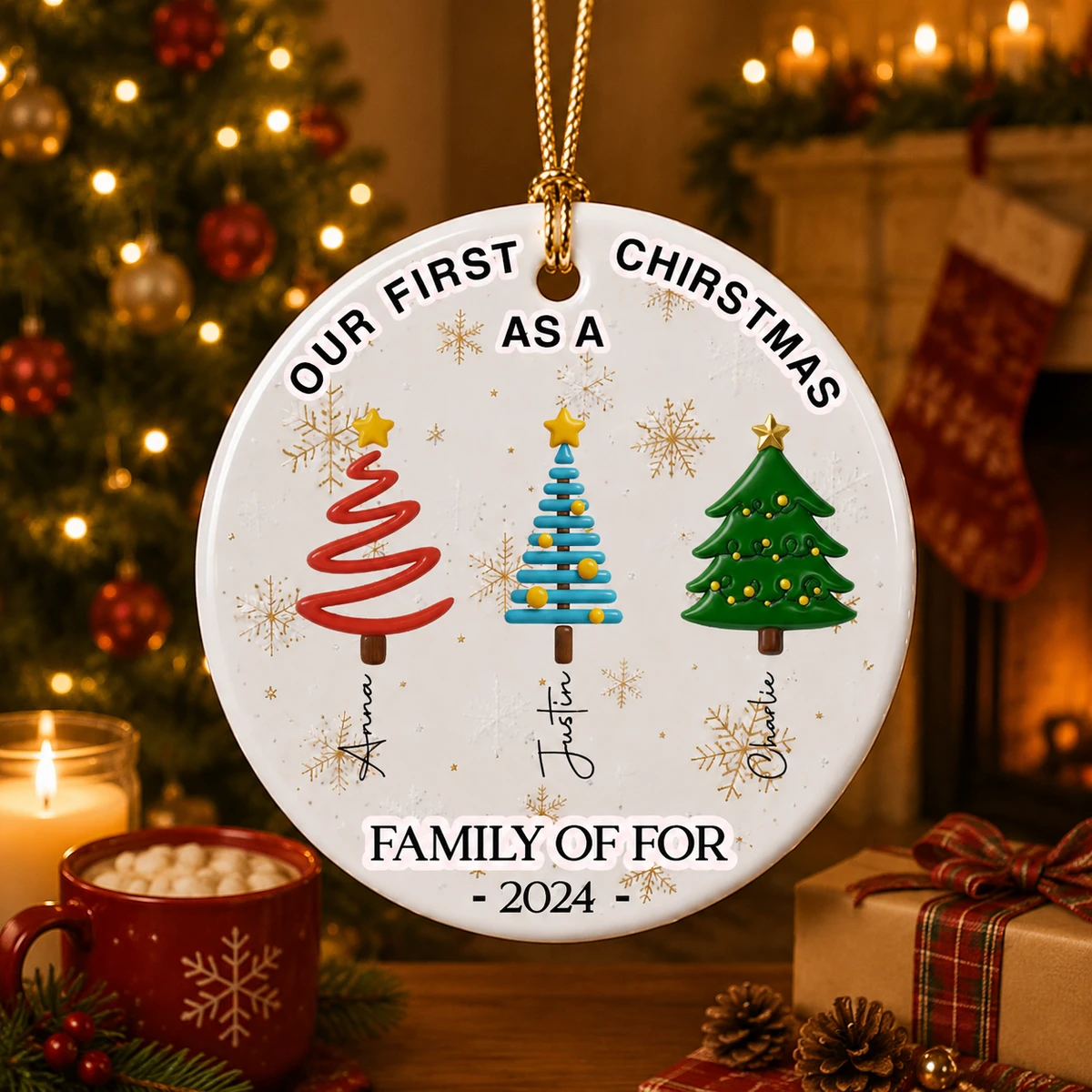 Personalized Ceramic Christmas Ornament First Christmas Family Tree Design Holiday Keepsake Gift
