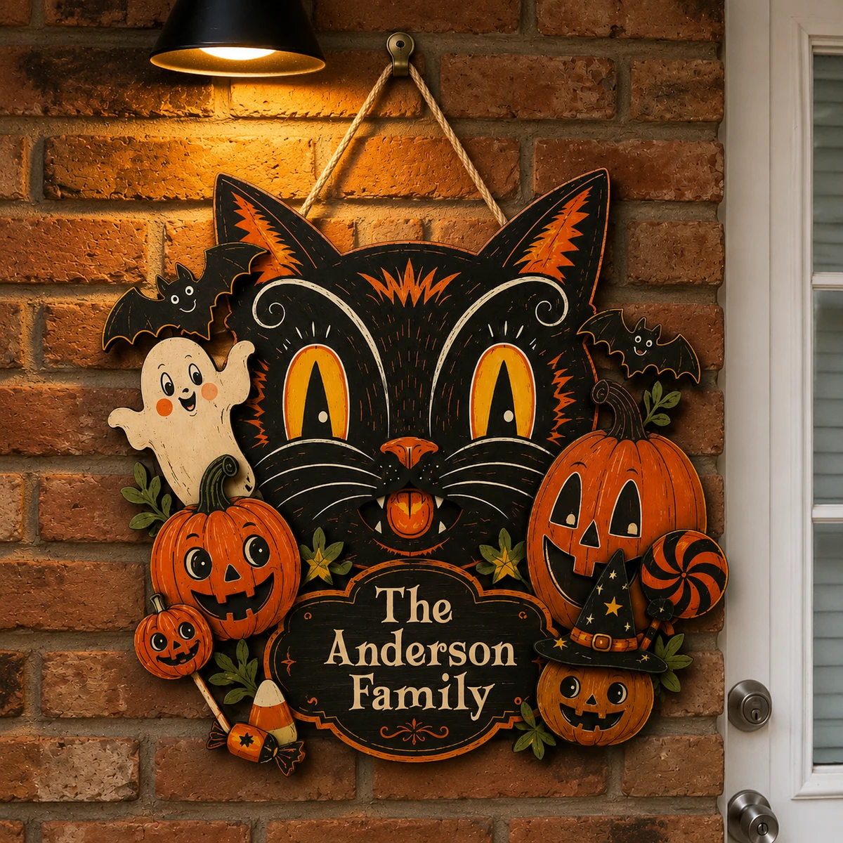 Personalized Family Name Cat Door Hanger, Black Cat Pumpkin Halloween Decor, Gothic Front Porch Sign, Family Gift