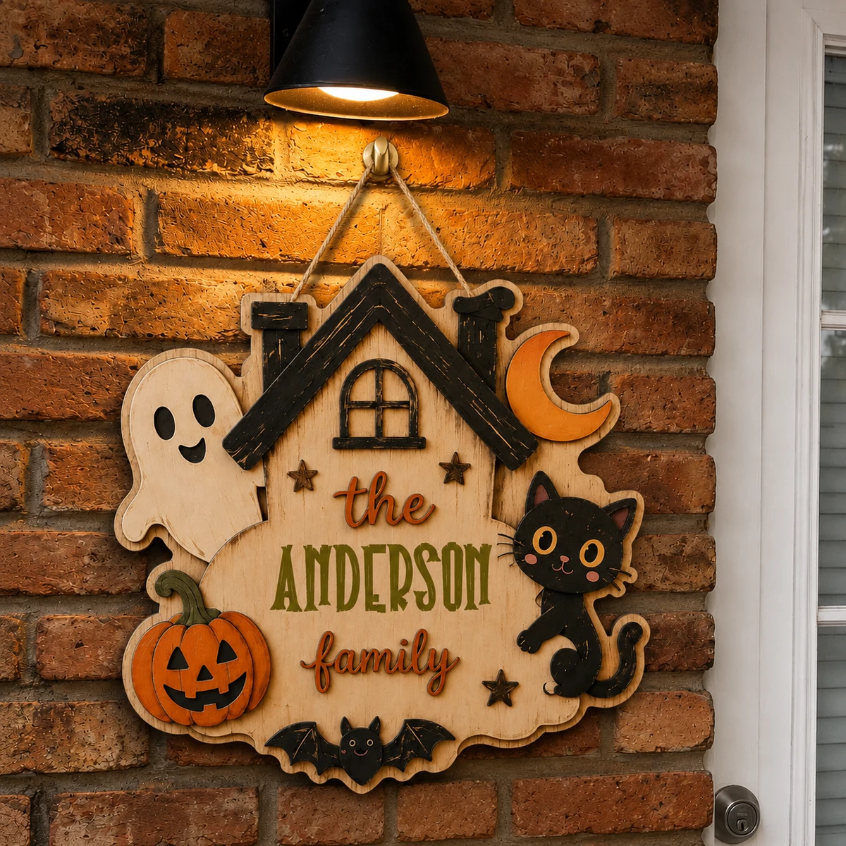Personalized Halloween Door Sign, Custom Family Name Haunted House Decor, Spooky Cottage Door Hanger, Black Cat Ghost Pumpkin Halloween Gift