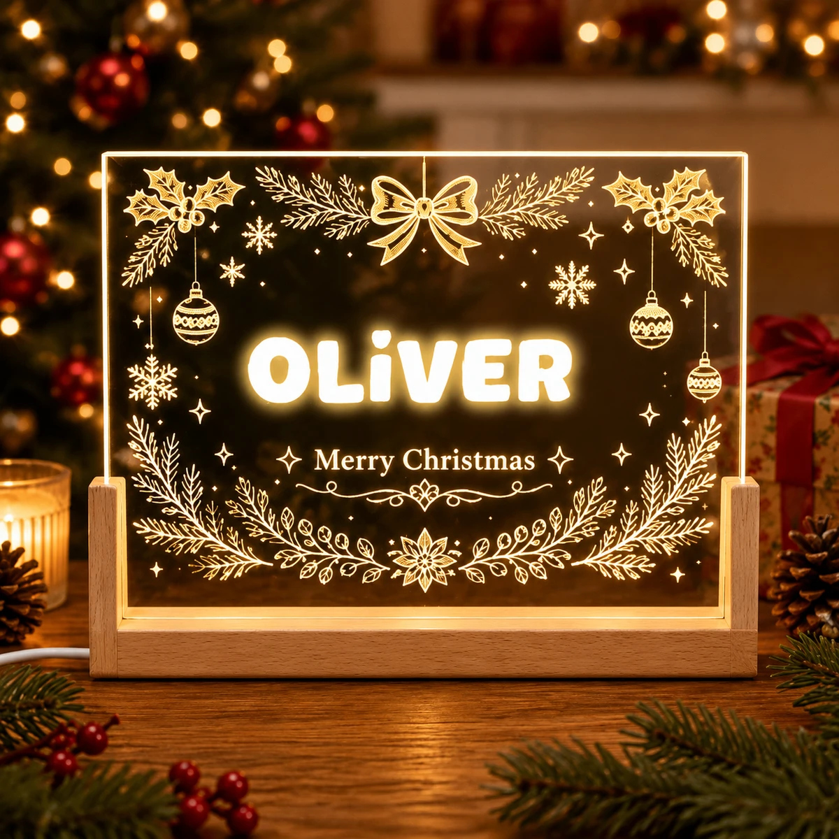 Personalized "Christmas Floral Elegance" Led Acrylic Night Light