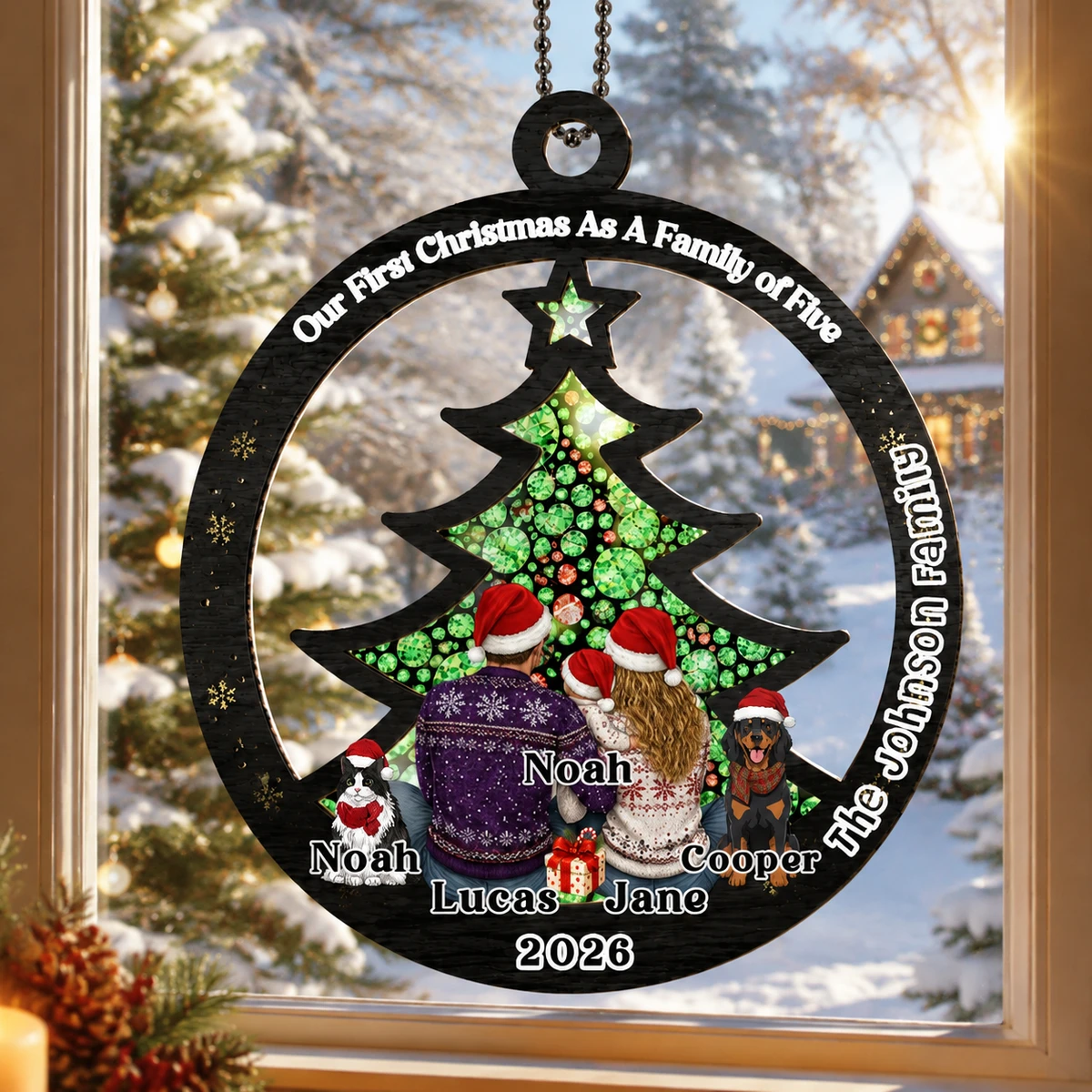 First Christmas As A Family Of Three New Parents - Personalized Custom Suncatcher Ornament, First Christmas Family Stained Glass Suncatcher