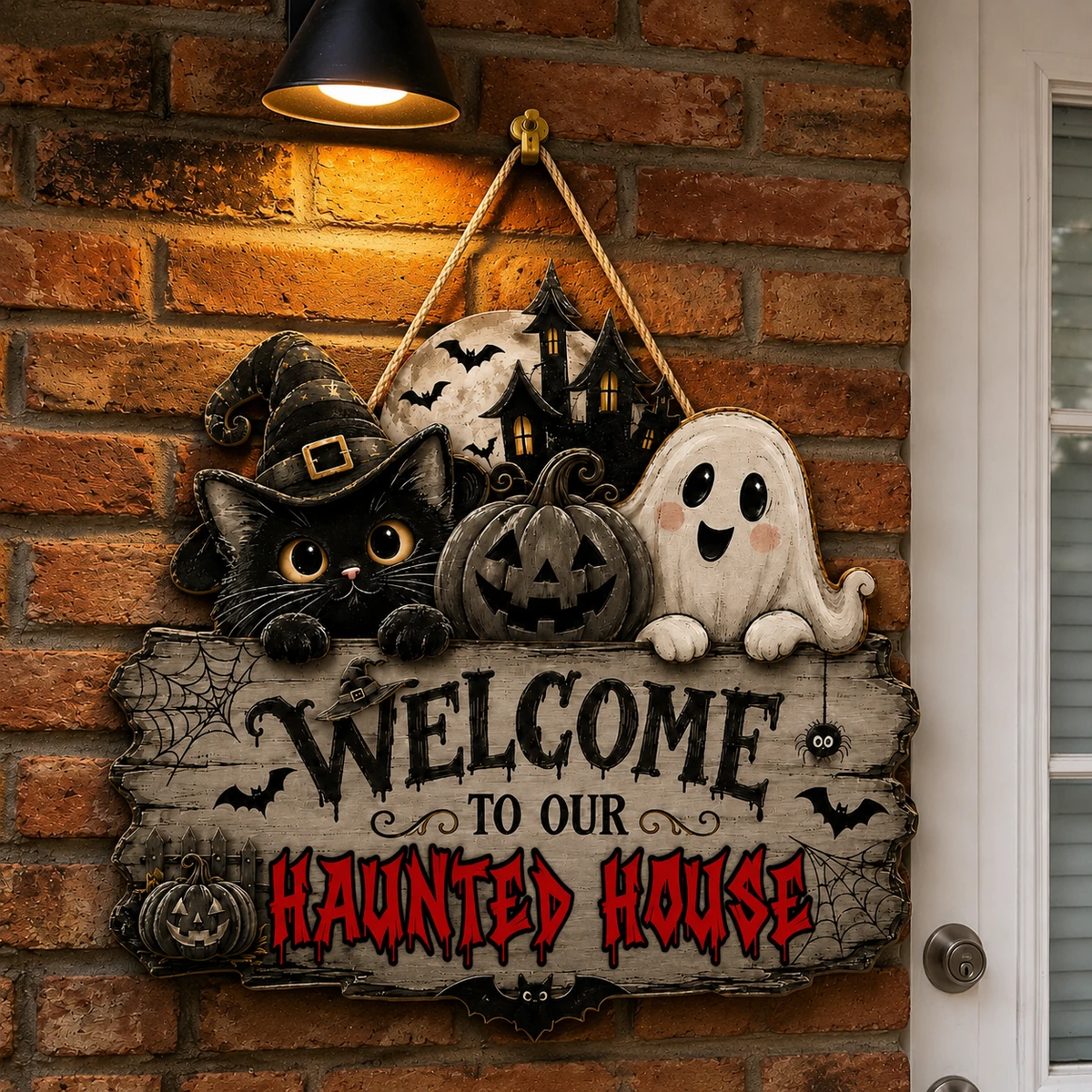 Halloween Family Door Sign Custom Name, Rustic Spooky House Welcome Plaque With Witch Cat Ghost Pumpkin, Fall Porch Decor & Holiday Gift Idea