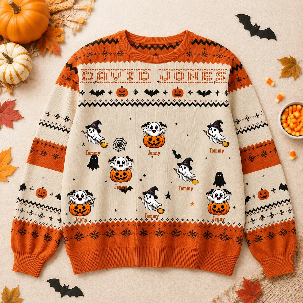 Custom Cute Ghost Character Halloween Sweatshirt - Personalized Name Ugly Halloween Sweatshirt