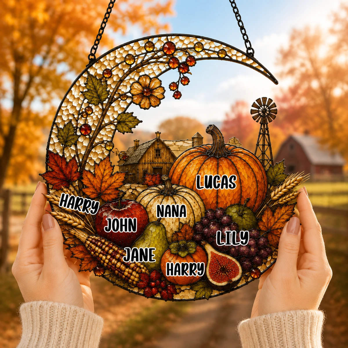 Harvest Moon Pumpkin Halloween Stained Glass Suncatcher, Autumn Maple Leaf Window Hanging Gift, Thanksgiving Cottagecore Wall Decor