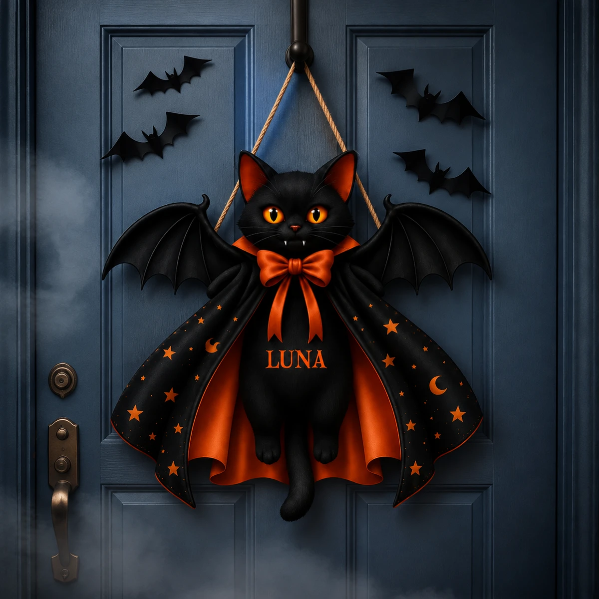 Personalized Black Cat Halloween Door Hanger, Custom Family Name Bat Wing Cat Decoration, Cute Spooky Gothic Halloween Wall Decor, Unique Fall Gift For Cat Lovers