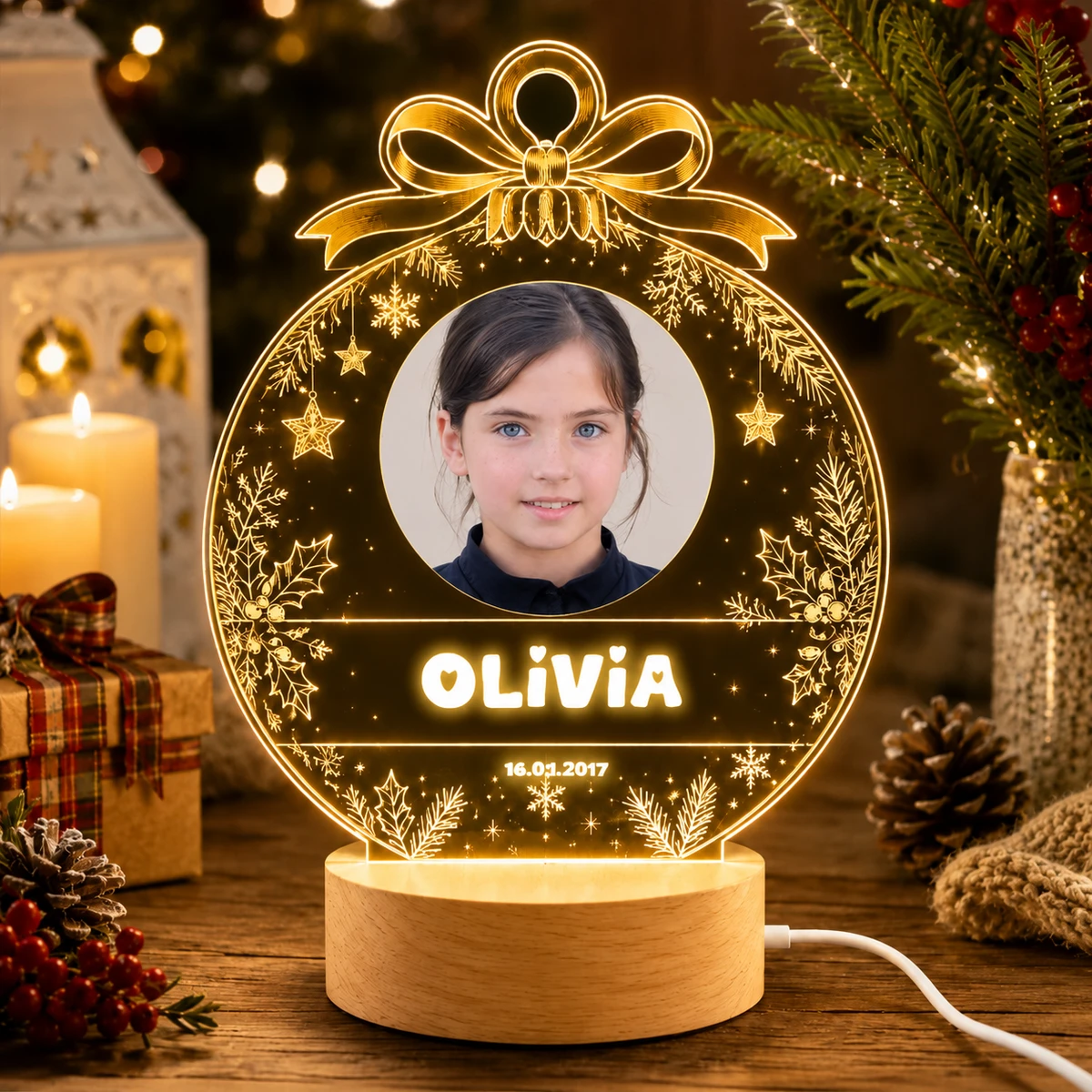 Personalized "Christmas Bow Bauble" Photo Led Acrylic Night Light