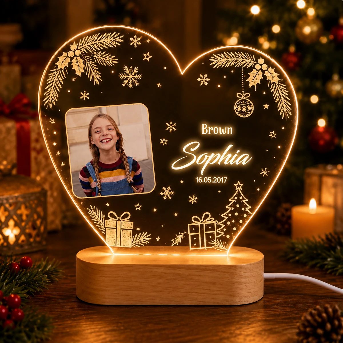 Personalized "Heart Photo & Holiday Magic" Led Acrylic Night Light
