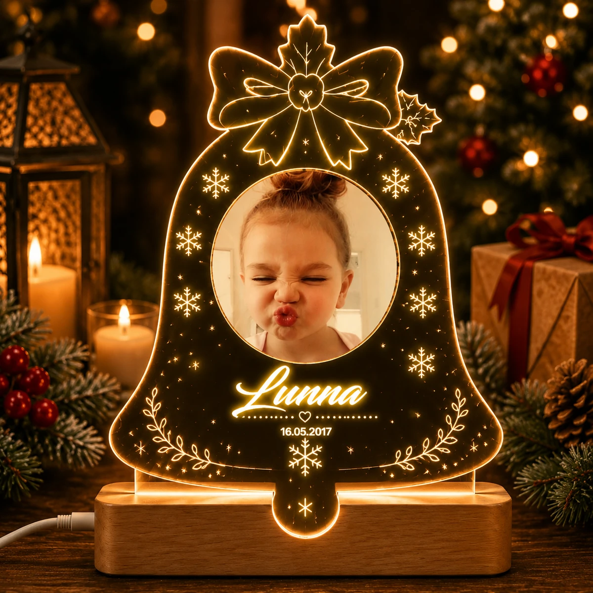 Personalized "Christmas Bell" Photo Led Acrylic Night Light